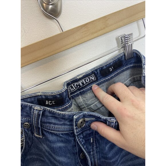 Affliction Ace Men 31X29 Jeans Denim Straight Biker Thick Stitch Hemmed - Picture 6 of 7